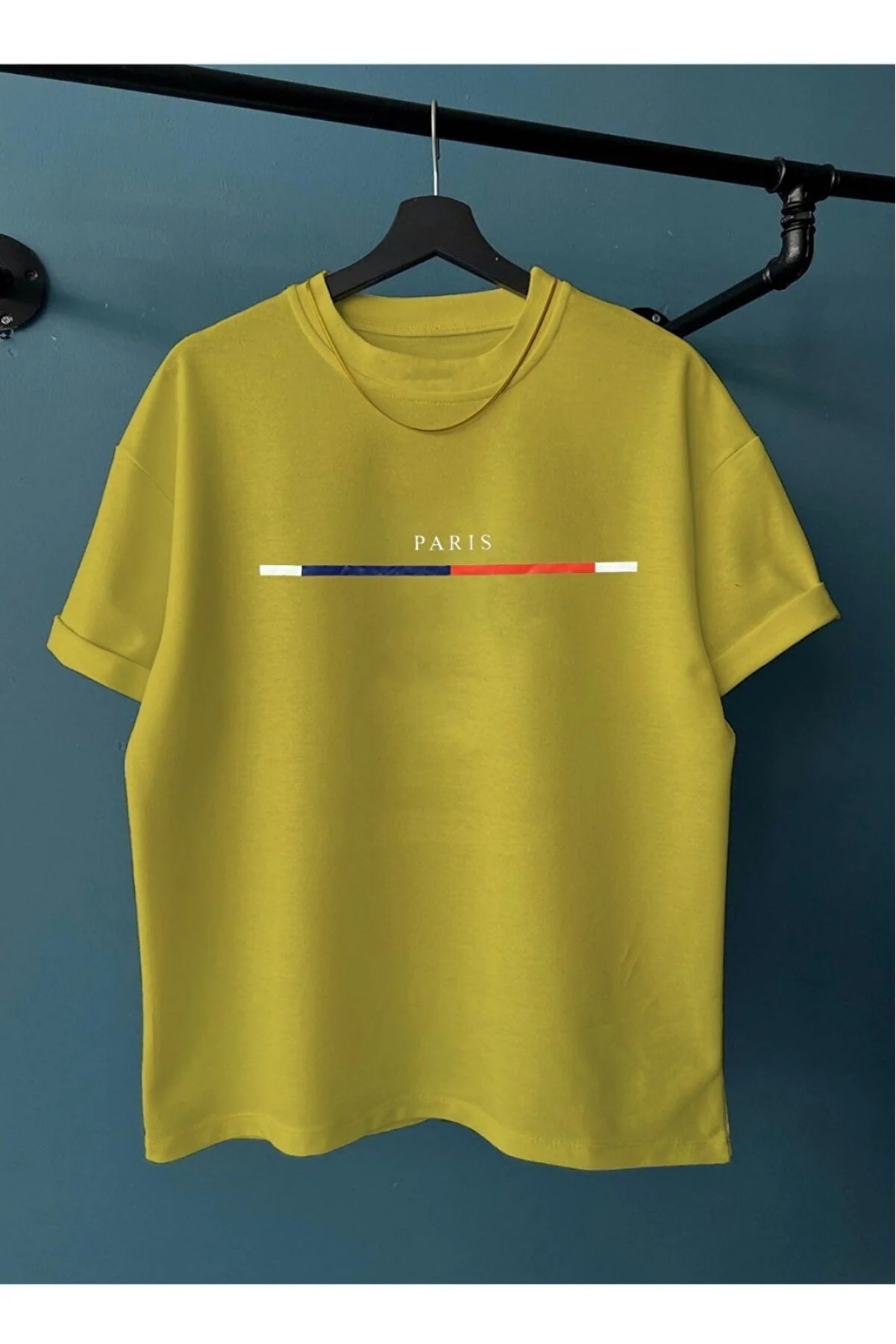 Black Street Herren-T-Shirt mit grauem Bruststreifen, schmalem Streifen und Paris-Aufdruck, Oversize-Rundhalsausschnitt