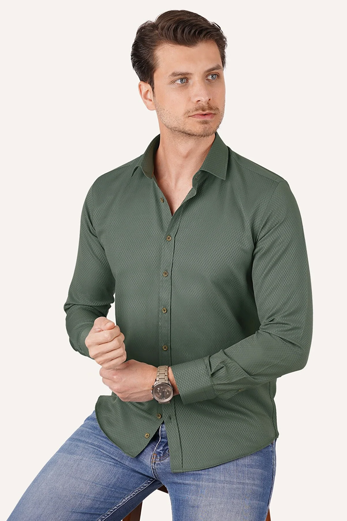 Etikmen Cactus Green Coffee Button Slimfit-Hemd mit Geschenkbox 901